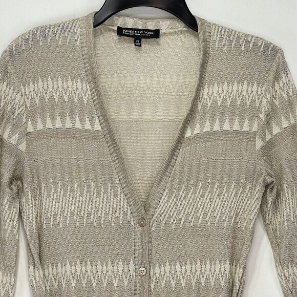 Jones New York Cardigan Sweater Sz PS Taupe Metallic Long Sleeve Top Tie Front - Picture 3 of 16